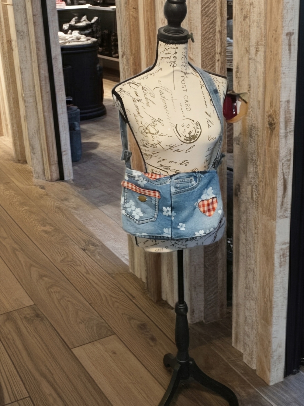 Denim Floral Patchwork Crossbody Bag in Blue with Red Gingham Heart